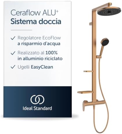 Ideal Standard Ceraflow Alu+ Colonna doccia, Realizzato con l'100% di alluminio riciclato, doccia a risparmio idrico con getti variabili e protezione antiscottatura – Bronzo (356x501x1113 mm)