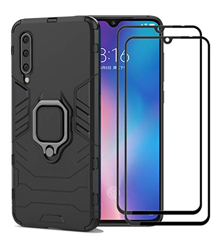 XIFAN Xiaomi Mi 9 Funda [Robusto] Anillo Metálico Soporte [Funciona con El Montaje De Coche Magnético] Case Carcasa, Negro + 2 Piezas Protector de Pantalla