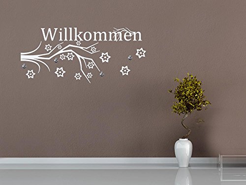GRAZDesign 970046_45_010 Wandtattoo mit 4 Haken Eingang Willkommen Baum Ast mit Blumen | Wand-Garderobe Kleiderhaken mit Aufkleber (102x45cm//010 weiss//Haken 4 Stück)
