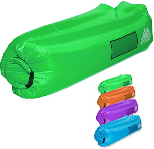 Inflatable lounger air sofa couch bag - Portable outdoor furniture waterproof with integrated pillow - blow up sun beds loungers for pool beach holiday - instant seat, chair or bed for camping festivals travel (Green)