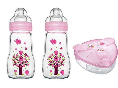 MAM Set - 2 x Feel Good Glass Bottle 260 ml Glas Flasche & Milchpulversender für Mädchen