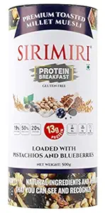SIRIMIRI Premium Toasted Millet Muesli Protein Breakfast Loaded with Pistachios & Blueberries 500g High Protein, No Preservative, Gluten Free, Soy Free (with Natural Blueberry Flavour)