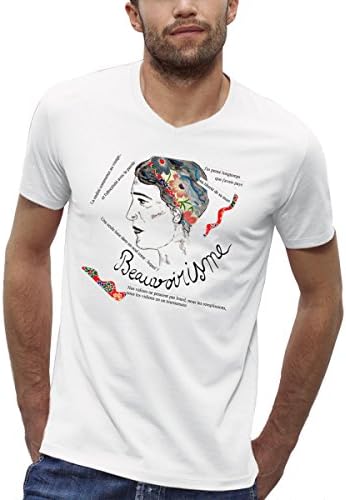 Organic Printed T-shirt V-neck white man – Numbered Limited Edition – Simone De Beauvoir S to XXL -  White - XX-Large