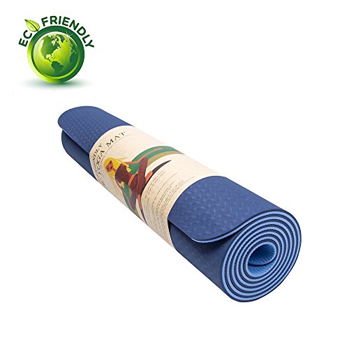 Tapis de Yoga Tapis de Sol Bleu 6 mm TPE Bicolor Haute Densité d'épaisseur avec Sangle de Transport