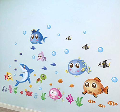 Preisvergleich Produktbild Cartoon Fisch Wandaufkleber für Kinderzimmer Badezimmer Aquarium Meereslebewesen Wandtattoos Wasserdichte Tapete Kunst Wandbilder