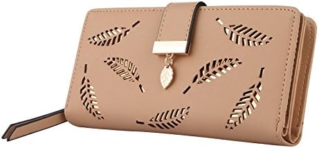 Cloudkids Ladies Leather Wallet Hollow Leaf Long Flap Card Purse For Women Beige 18.6*9.5*3.2cm