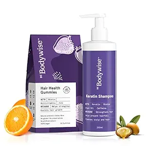 Bodywise Anti Hair Fall Kit for Woman | Hair Fall Control Keratin Shampoo 250ml | Biotin Hair Gummies 30 Days Pack | Provides Right Nutrients to Hair and Reduces Hair Fall