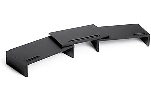 MONDEER Meerveil Support de Moniteur Réglable, Réhausseur d’Écran en Bois avec 3 étagères avec emplacements, Ergonomique Support d'Ordinateur de Bureau à Plate pour Double PC Portable Écran Imprimante, Nior