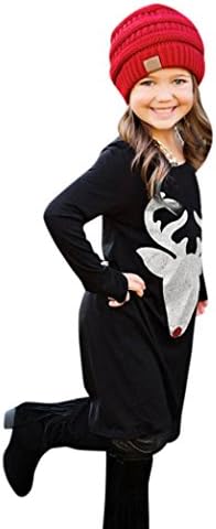 Christmas Dress, DoraMe Mother and Daughter Christmas Dress Deer Long Sleeve Dress Family Outfits Clothes (130/5-6T, Black)