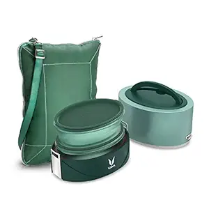 Vaya Tyffyn Flex 600 - SS Insulated Tiffin Box with Microwave safe BPA-free Plastic Lunch Bowls | Shoulder Bag cum Table mat with Cutlery pouch | School n Office | Kids n Adults | 2 containers | Green