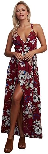 Letsshopping Deep V Hammock Floral Chiffon Spaghetti Straps Beach Summer Maxi Dress ((US 12-14)L, Burgundy)