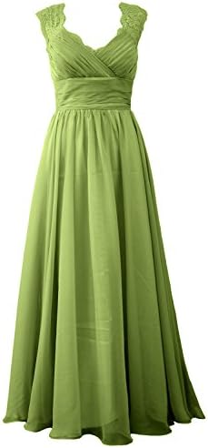 MACloth Women Vintage Long Bridesmaid Dress V Neck Lace Formal Evening Gown (UK10, Olive Green)