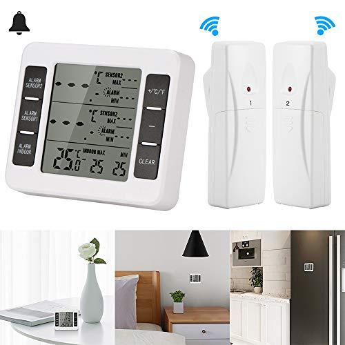 SmartHitech Termometro Senza Fili, Termometro Digitale per Frigorifero Display LCD Digitale Impermeabile con 2 Sensori per Monitor Wireless, Interno/Esterno per Uso Congelatore Domestico Cucina