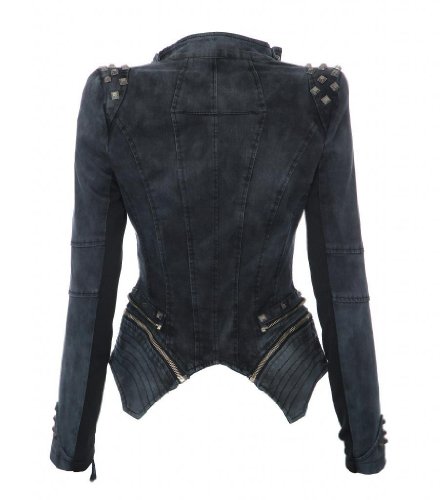 Women Lady Punk rivet Studded Shoulder Denim Jeans Coat Blazer Jacket Moto Blazer Coat S-XXL (S, Grey)