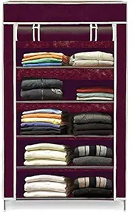 Asian Collapsible Wardrobe Armoire almari Closet Clothes Storage Rack 5 Shelves 5 Sides, Quick and Easy to Assemble (5 Shelf, Maroon)