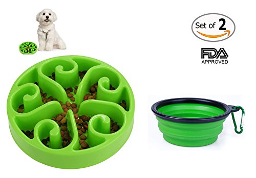 Motionjoy® 8.1 pulgadas Anti-tragando Cuenco con Comedero para Mascotas Bebedero Portatil de Viaje Plegable Cuenco del Perro & gato - FDA Aprobado (Verde)