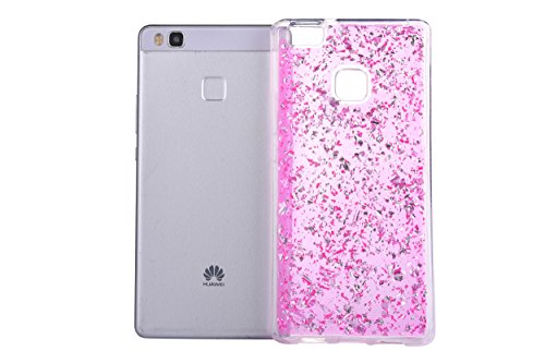 Für Huawei P10 Lite Hülle Glanz ,SKYXD Blattgold Funken Flocken Pailletten Design Schutzhülle Weiche TPU Transparent Silikon Handyhülle mit [ Krone Staubstecker + Eingabestift ] Glitzer Kristall Handytasche Schick Klar Zurück Haut Schlank Etui Schale Fall – Pink - 3