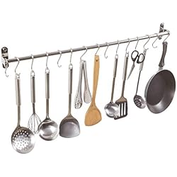 Alicemall Barre Mural Cuisine Support de Rangement Mural pour Ustensiles de Cuisine en Inox(Ustensiles non inclus)avec 15 Crochets Mobiles Rail de Suspension Barre de Crédence Kitchen(80cm)
