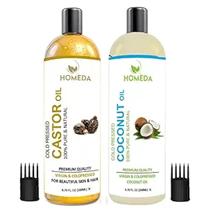 Homeda Cold Pressed Castor Oil & Virgin Coconut Oil combo (200 ml + 200 ml) - 100% pure for Hair Growth, Skin Care, Nail, Baby Massage, Eyebrow growth