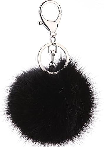 Silver Ring Faux Fox Fur Pom Pom Keychain Bag Purse Charm Fluffy Fur Ball