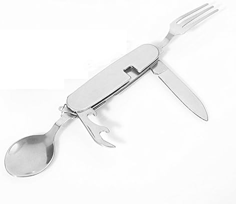 4 in 1 Fork Knife Spoon Bottle Opener Set Stainless Steel Foldable Multifunctional Camping Hiking Utensil Tool