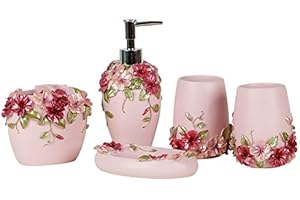 BADASS SHARKS Resin 5Pcs Bathroom Accessories Set Soap Dispenser/Toothbrush Holder/Tumbler/Soap Dish (pink)
