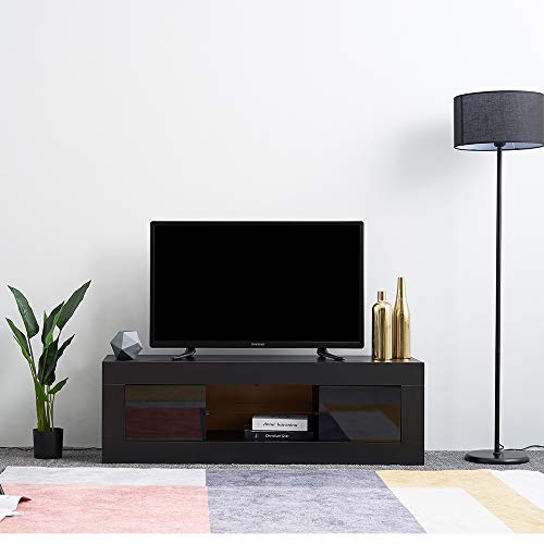 LED Meuble TV en Verre avec 2 Portes sur Salle de Séjour, Salon et Chambre à Coucher etc, Taile: 125 x 35 x 40 cm, Noir
