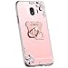 Produktbild Jinghuash Kompatibel mit Samsung Galaxy J2 Pro 2018 Hülle Handyhülle Spiegel mit Bär Ring Ständer Glänzend Kristall Glitzer Strass Diamant Blume Dünn Weiche TPU Silikon Schutzhülle-Rotgold