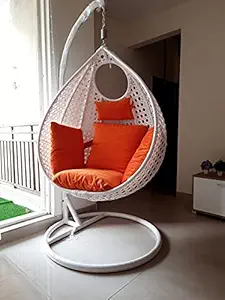 Universal Furniture Outdoor/Indoor/Balcony/Garden/Patio/Hanging Swing Chair with Stand and Cushion & Hook/Color (White&Orange)