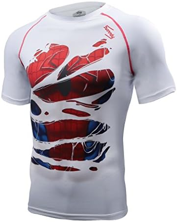 Spiderman | Batman | Superman | Hulk | Captain AmericaSuper-Hero Men's compression top-s / T-Shirt / short-sleeve (Fitness Running Gym Crossfit Muscle) (Spiderman white, XL)