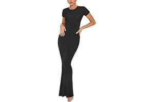 REORIA Women's Summer Casual Lounge Long Dress Elegant Short Sleeve Crew Neck Bodycon Maxi Dresses