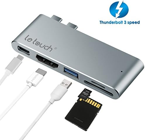 Dual USB C Hub, LeTouch 5 in 1 Type C Adapter Dongle for Macbook Pro 13" &amp; 15", 40Gbs Thunderbolt 3, Type-C Power Pass-through, HDMI 4K@30Hz, USB 3.0 Port, SD/Micro SD Card Reader (Aluminum, Grey)