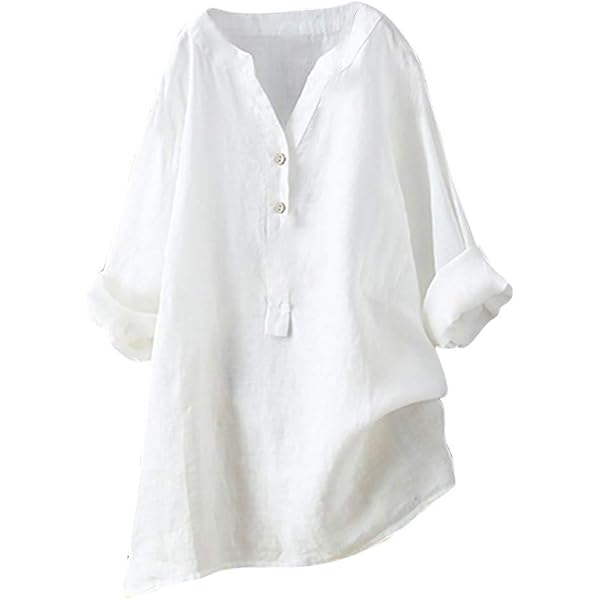 Chemisier Femme En Coton Et Lin - Col V, Manches Longues, Coupe Ample Et Respirante