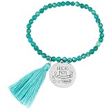 5,5 cm diámetro Teresa Barrio - Preciosa Pulsera para Profesoras ``Gracias PROFEŽŽ de Bolas facetadas Gema Verde con Medalla Plata 1ºley (925 milésimas) con Mensaje y Borla Verde con asa de Plata