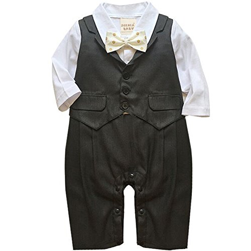 ZOEREA Newborn Infant Toddler Boy Babys Long-sleeved Cotton Gentleman Cute Black Vest Tuxedo Romper Jumpsuit Clothing With Yellow Polka Dot Bowknot(Size 80)