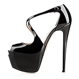  Onlymaker Damenschuhe High Heels Peep Toe Lack Sandale mit Plateau Lackleder Schwarz EU39