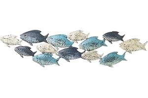 Seaside No.64 - Oggetto da parete marittimo a forma di sciame di pesce con 13 pesci in bianco crema e blu in metallo - Decorazione per la casa senza tempo da appendere in tutte le stanze (sciame di