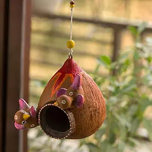 ExclusiveLane 'Cuckoo Family' Hand-Painted Bird Feeder Balcony and Garden Decorative Terracotta Hanging Bird House, Earthen Brown
