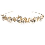 Brautschmuck/Hochzeit/Ball vergoldet Kristall klar, Glas weiß Blumen & Blätter Tiara Haarreif - 