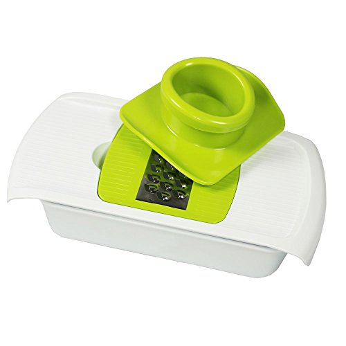 COM-FOUR® Gemüsereibe mit 3 verschiedenen Aufsätzen – Julienne, Raspel, Scheiben (Weiß/Grün) - 2