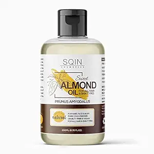 SqinCosmetics Pure Cold pressed Sweet Almond Oil (Badam Tail) For Hair Growth and Skin, 200 ml | Powerful Moisturizer For Scars, Nails, Hair, Wrinkles & Dark Spots