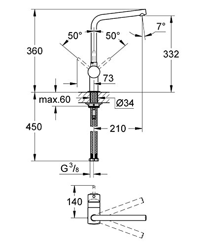 GROHE Minta Küchenarmatur, Schwenkbegrenzung 0°/150°/360°, L-Auslauf 31375000 - 2