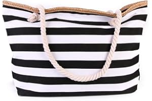 Nayubo Large Beach Tote Bag for Women Waterproof Travel Shoulder Bag with Zipper Sandproof Pool Bag Daily Tote for Gym Sports Vacation Weekend Shopping (Black White Stripe)