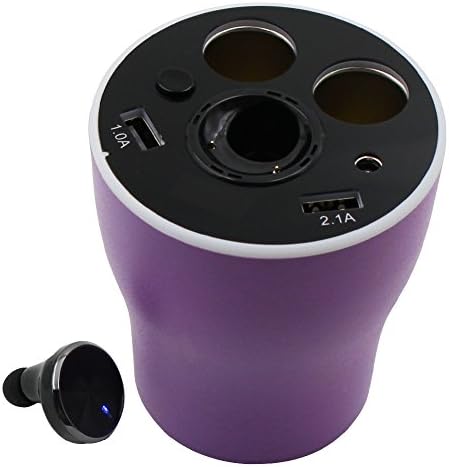 Car Cup Charger, USB Car Charger 12V to 24V Multi- Functional Car Power Adapter with Bluetooth Earbud and Dual USB Ports 1A/2.1A and 2-Socket Cigarette Lighter for Iphone, android phone,GPS, Dashcam（Purple）