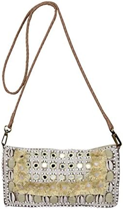 Afflon Stone mirror work leather cowrie hand embroidered bohemian clutch bag