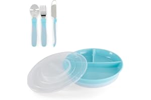 Twistshake Zestaw zastawy stołowej dla niemowląt | Podzielony talerz + Sztućce Ze Stali Nierdzewnej 12m+ | Bez BPA | Zestaw do nauki jedzenia dla dzieci | Niebieski