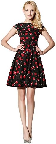Women's Floral Print 50s Inspired Vintage Rockabilly Party Dresses Cap Sleeves (M (US6/UK10/EU38), Black Cherries)