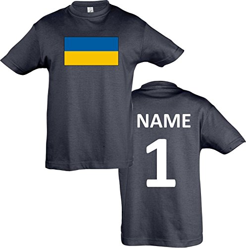 Kids T-Shirt Ukraine Ländershirt mit Wunschnamen und Nummer diverse Farben, Farbe navy, Größe 140