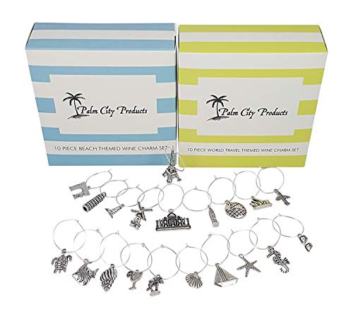 2 set di ciondoli per bicchieri da vino,con 20 pezzi in totale a tema: spiaggia e viaggiare per il mondo