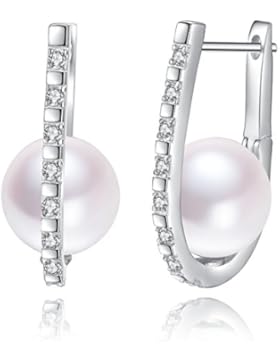 Perlen Damen Schmuck Creolen Ohrringe mit weiße echt Süßwasserperlen Zirkonia 925 Sterling Silber
